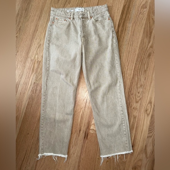 Mango Denim - MNG Havana High Rise Straight Leg Raw Hem Cropped Neutral Tan Cream Jeans Size 4